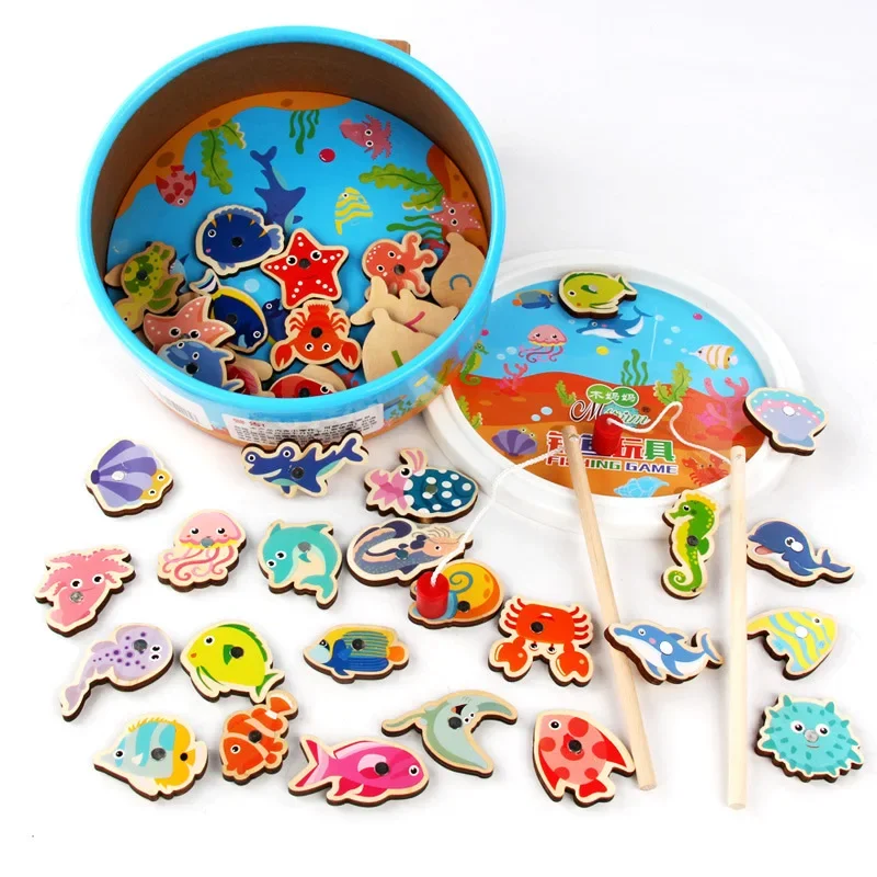 Children's Educational Games Fishing Toy Magnetic Barrel Double-sided Magnetic 42PCS Marine Animal Fishing Toys for Children