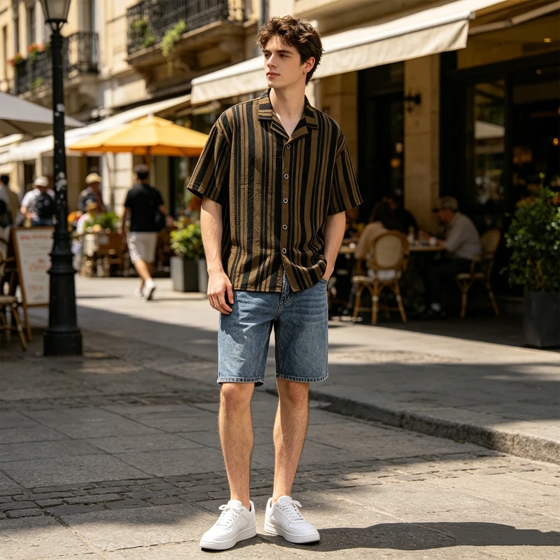 Retro Blau-Weiß Gestreifte Netzstrick-Hemden für Herren Ausgehöhlte Kurzarm-Strickjacke Sommer Hawaiianische Strandhemden Lässige Übergrößen-Hemden – Detail 5