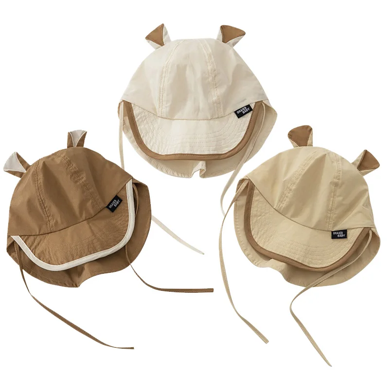 Spring Summer Baby Hat Quick Drying Neck Protection Kids Sun Cap Cartoon Bear Ear Girls Boys Bucket Hats Korean Accessories