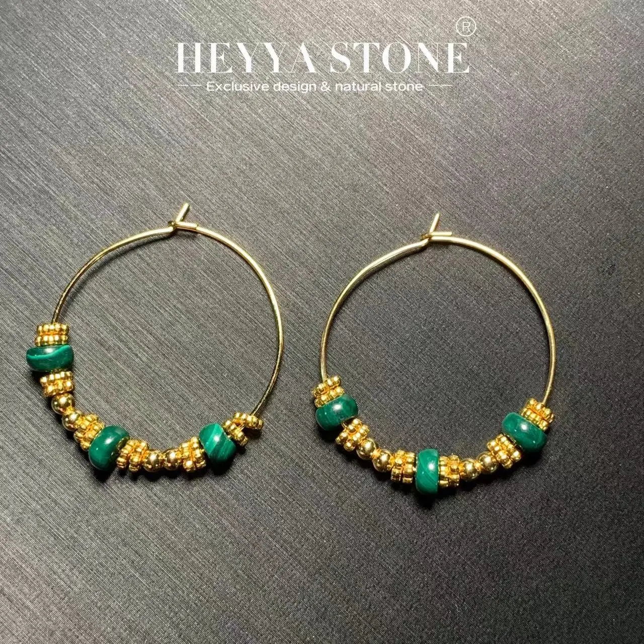 HEYYA STONE Natural Malachite Hoop Earrings Simple Classic Round Circle Gemstone Jewelry Handmade 14K GOLD exclusive