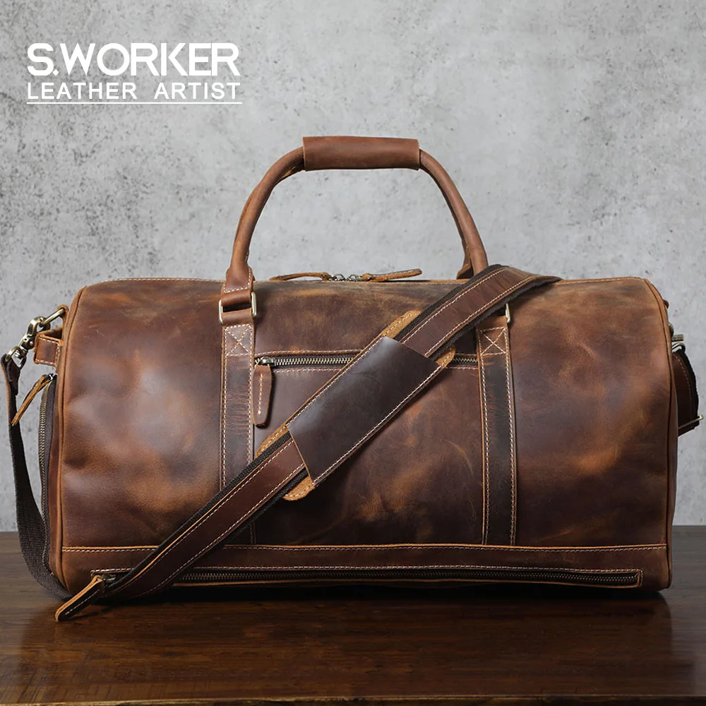 S.WORKER Vollnarbenleder Herren-Reisetasche mit mehreren Fächern, große Kapazität, Weekender-Reisetasche aus Vollnarbenleder – Detail 2