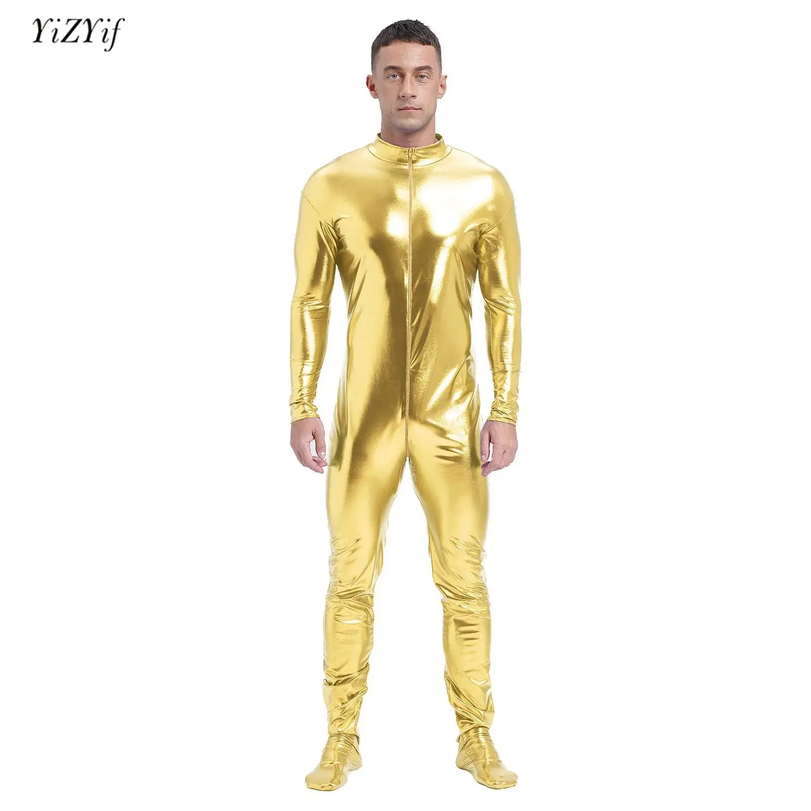 

Metallic Shiny Catsuit Rubber Overall Bodysuit Mens Zentai Jumpsuit Long Sleeve Front Zipper Full Body Unitard Tights Clubwear