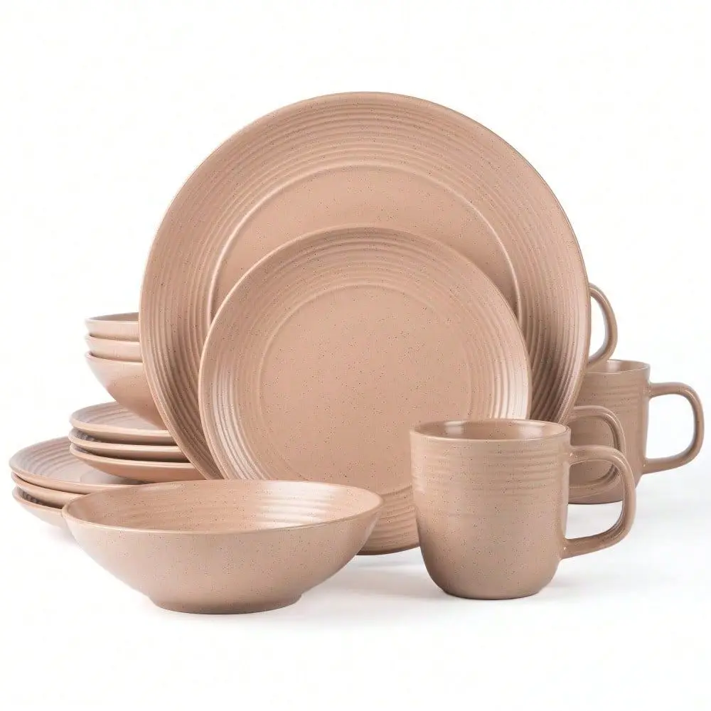 

Square Stoneware 16pc Double Bowl Dinnerware Set For 4, Dinner Plates, Side Plates, Cereal Bowls, Pasta Bowls Reactive Glaze Re