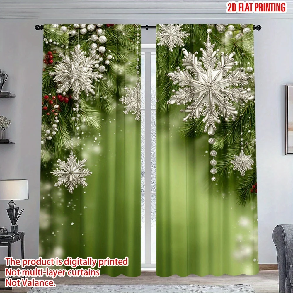 2PCS Christmas Curtains, Green Silver Snowflake Pine Berry, Digital Print, Bedroom Living Room, Rod Pocket Polyester, Home Decor