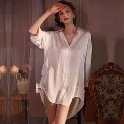 White Shirt Bathrobe Gown Satin Robe Lady Summer New Sleepshirt Kimono Nightwear Sleepwear Women Dress Lapel Loungewear