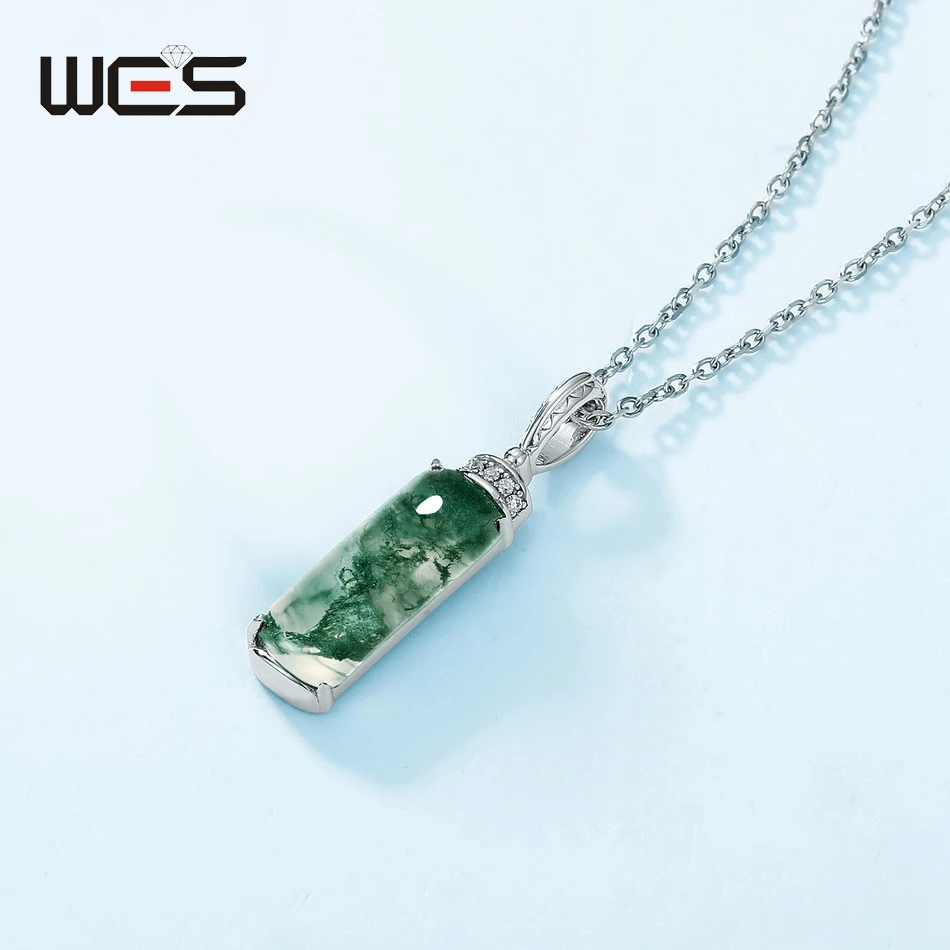 WES 925 Sterling Silver Pendant Necklace for Woman 5*15mm Natural Gemstone Moss Agate Anniversary Fashion Certified Jewelry Band