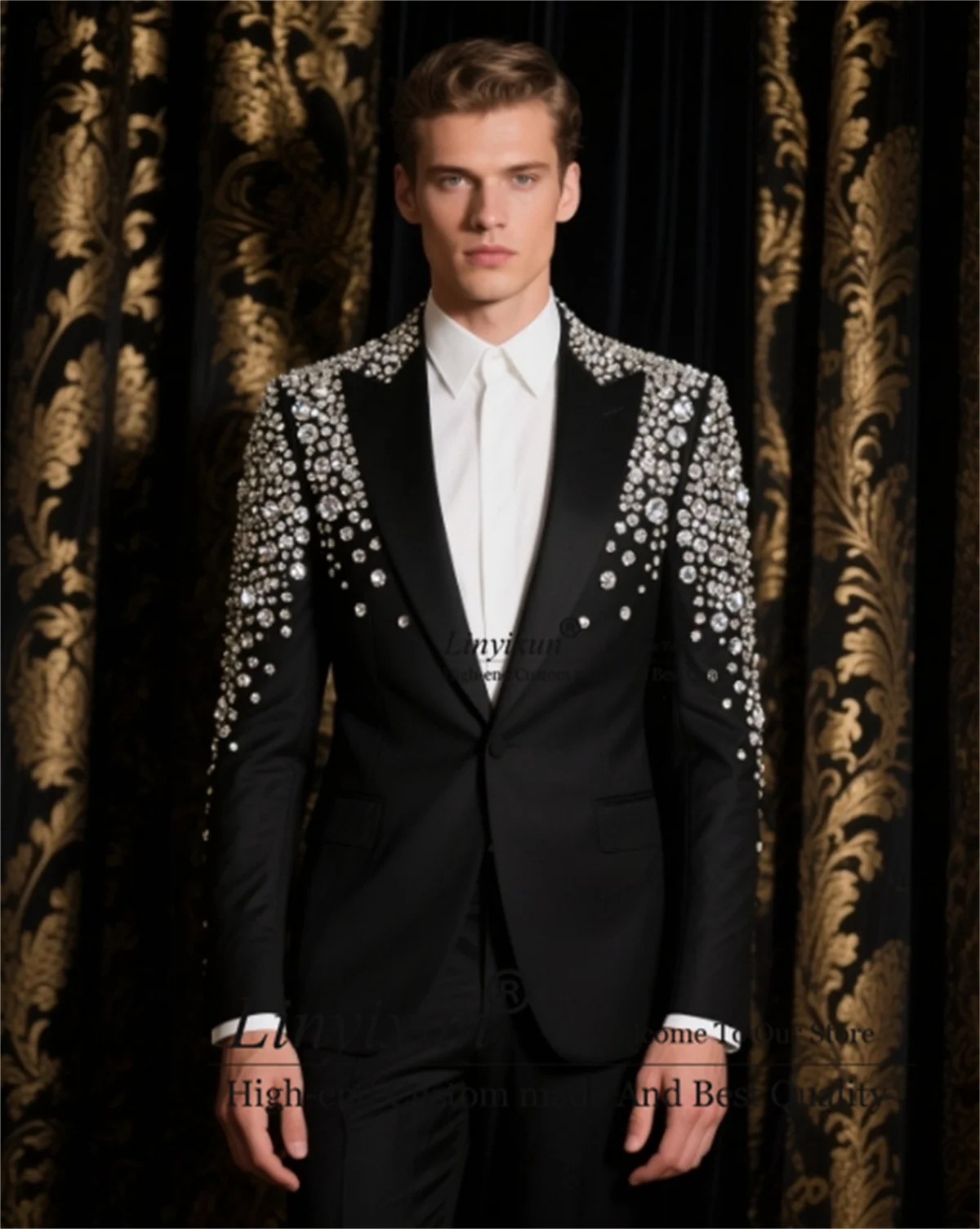 

Luxury Diamond Crystals Men Suit Peaked Lapel Ropa hombre Customized Slim Wedding Tuxedos 2 Pieces Sets Groom Male Blazers