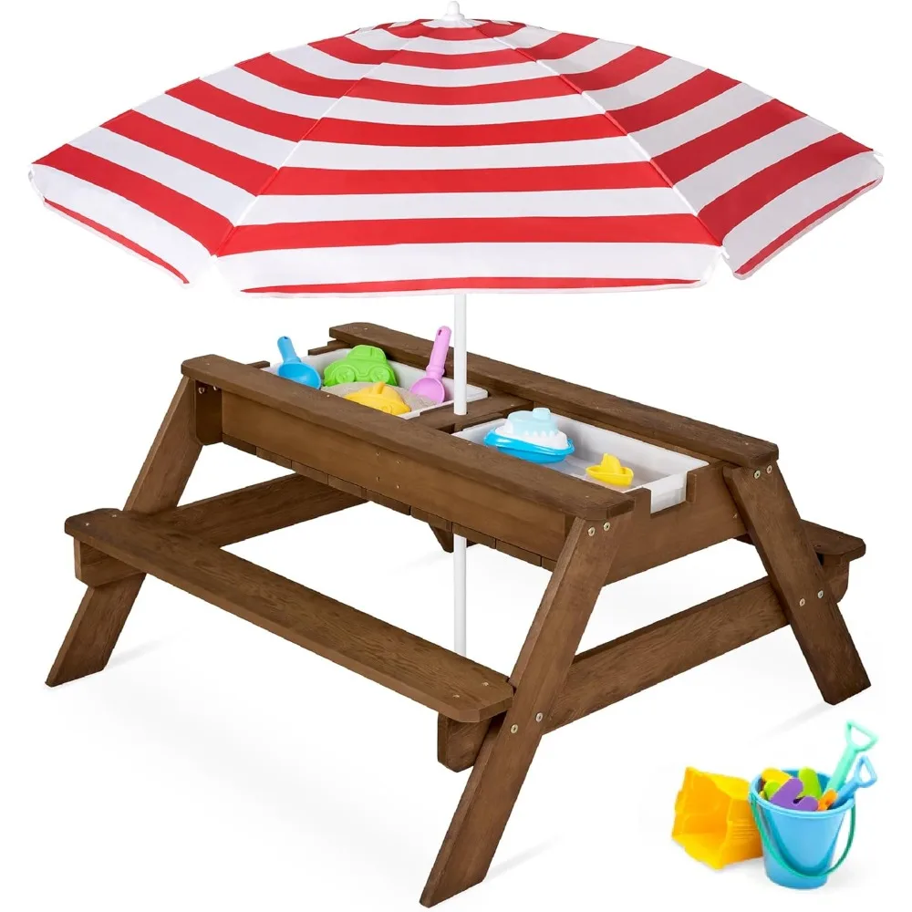 

Kids 3-in-1 Sand & Water Table, Wood Outdoor Convertible Picnic Table w/Umbrella, 2 Trays, Removable Top - Walnut/Red