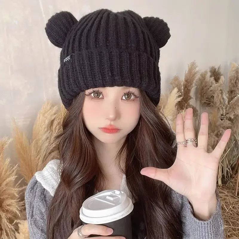 Y2K Bear Ears Thicken Hats Women Soft Harajuku Plush Ear Head Protection Cute Knitted Korean Wool Caps Cool Girl Handmade Beanie