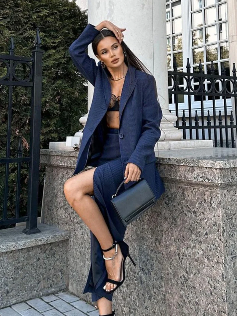 Elegante gestreifte 2-teilige Sets Frauen Outfit Herbst Kleidung Frauen Langarm Blazer Top + Rock Sets OL Stil zweiteilige Kleid Sets