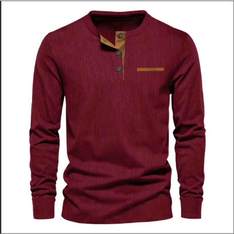 Men's Corduroy Henley Neck Long Sleeve T Shirt Fashion Slim Fit Casual Button Up Top for Daily Wear view 3