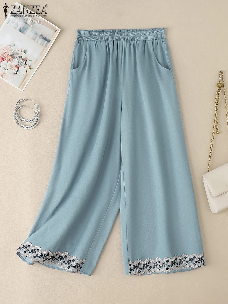 

ZANZEA Women Denim-Look Trousers 2025 Spring Lace Patchwork Fashion Casual Wide-Leg Pants Vintage Solid Elastic Waist Pantalon