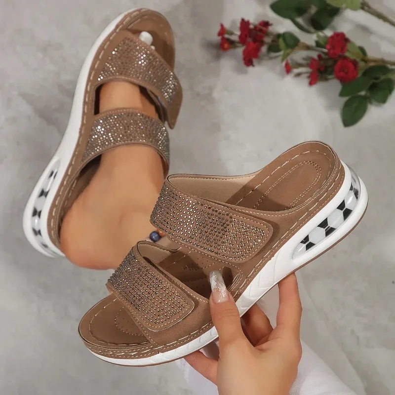 Ladies Shoes on Sale 2024 New Summer Women\'s Slippers Solid Sequins Open Toe Mid Heel Water Proof Beach Casual Slippers Women