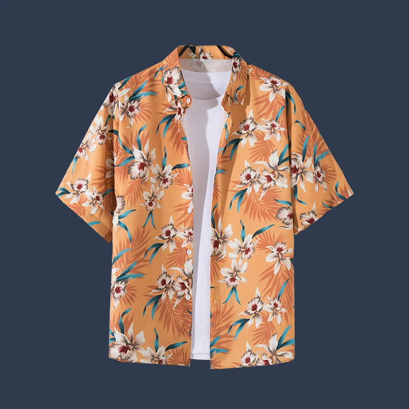 Men's beach vacation versatile floral shirt men short-sleeved ins handsome Hawaiian retro style loose beach casual shirt jacket