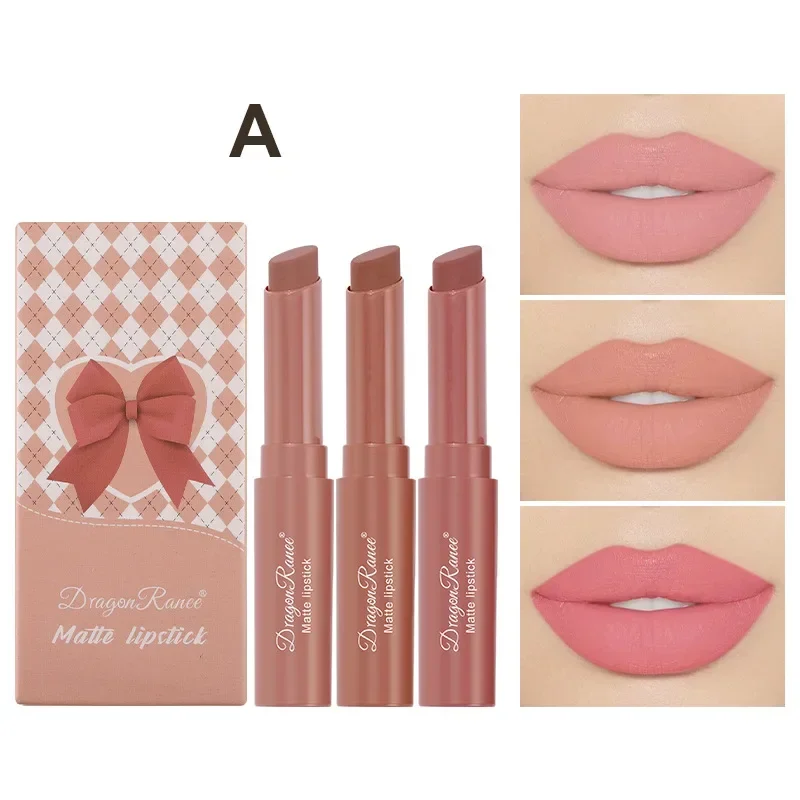 New Fashion 3 Pcs Matte Lipstick Set Velvet Smooth Moisturizing Waterproof Long Lasting Non Fading Professional Nude Lipstick