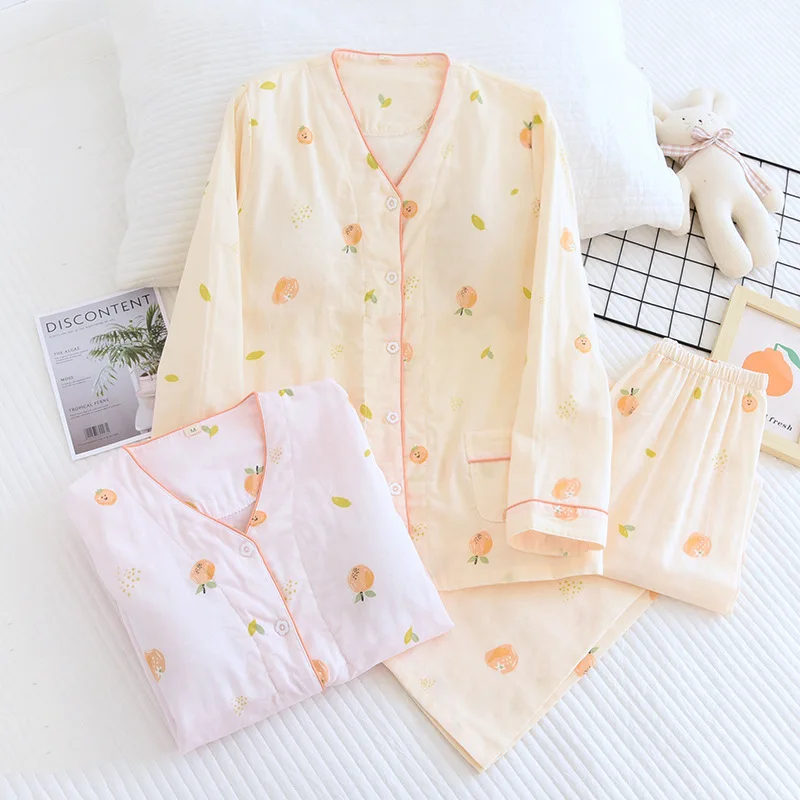 

Japanese Spring and Autumn Women with Chest Pads Bra Pajamas Long Sleeves Cotton Double-layer Gauze Sweet Cotton Loungewear Set