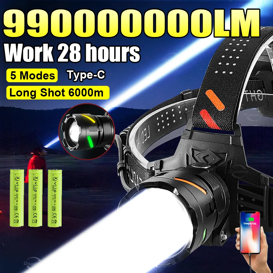 990000000LM Most Powerful LED Headlamp Rechargeable Head Torch Ultra Bright 6000M Head Flashlight Fishing Hinting Headlight