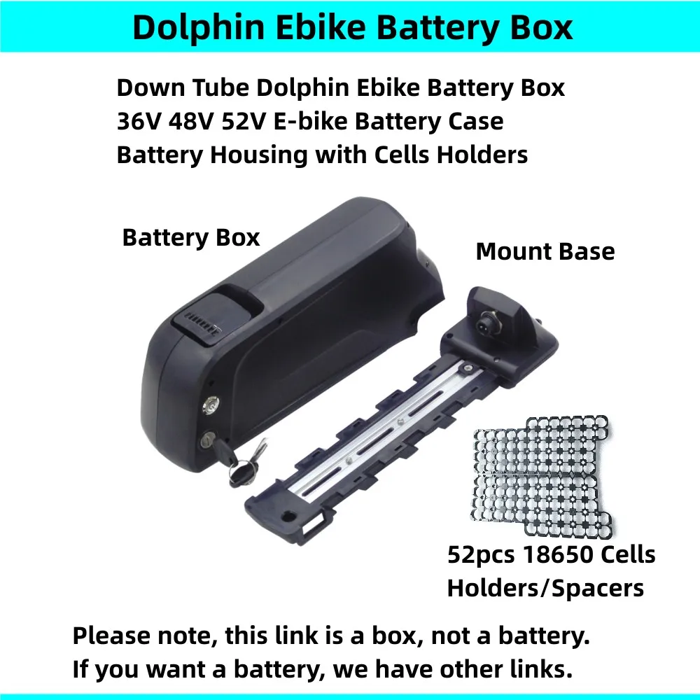 Original Dolphin Down Tube Ebike Battery Box 36V 48V 52V with 52pcs 18650 cells Holders Spacers Atlas E-bike Battery Case Box