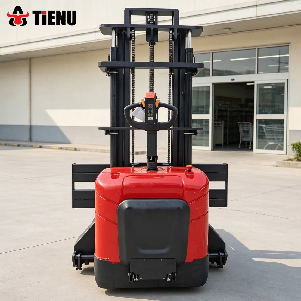 All Terrain Self Lifting Electric Stacker Featuring Adjustable Forks and a Compact Design Suitable for Warehouses and Factories