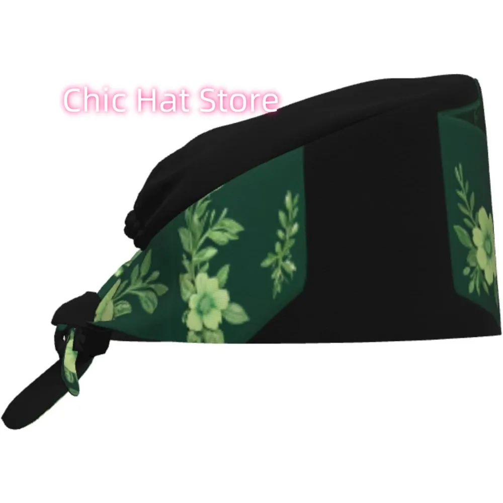 

Breathable Work Hat Green Floral Small Square Bag Printing for Chef, Nursing, Spa, Facial Care, Fitness