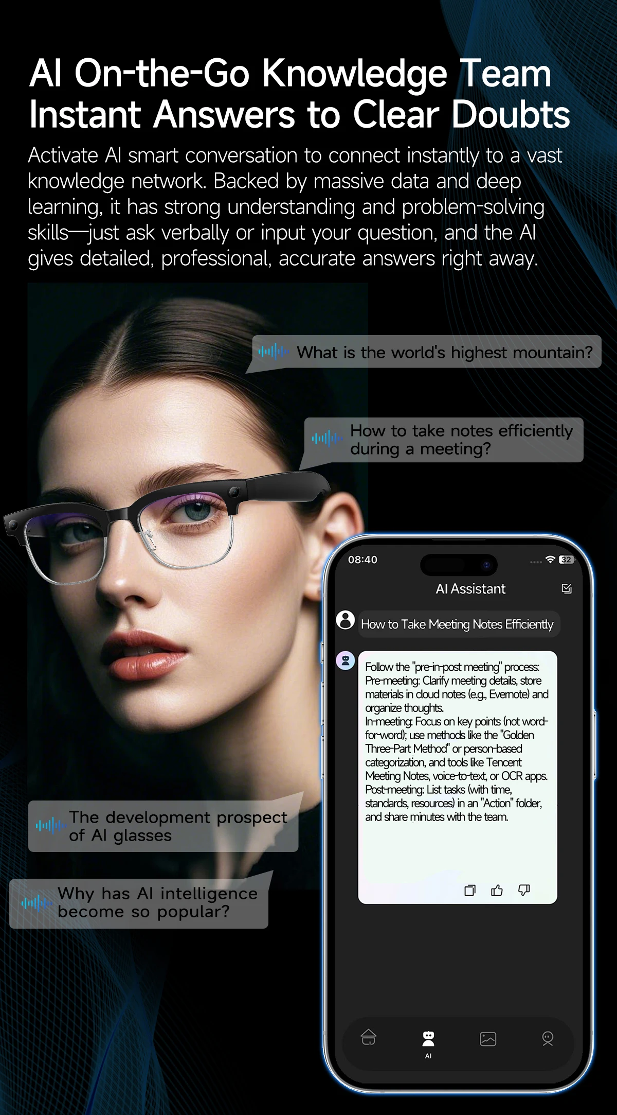 2026 Neue KI-Smart-Brille mit 120+ Sprachübersetzung, 800W Pixel Kamera, Video-Musikplayer, Anruffunktion, Business 8K Farbwechsel-Brille für Herren – Detail 11