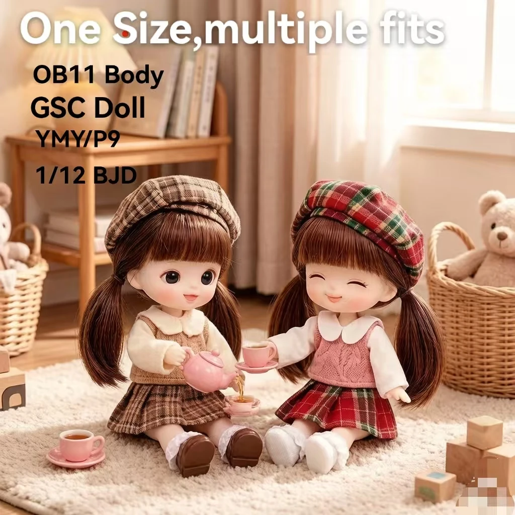 Doll Clothes Set for 1/12 BJD OB11 YMY GSC P9 Body, Plaid Skirt Beret Outfit, Handmade Cotton Linen Doll Outfit Accessories