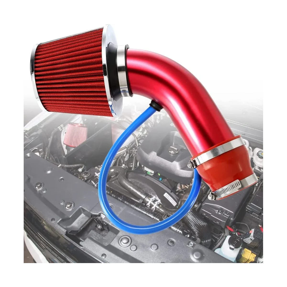 

Universal Car Racing Cool Air Intake Kit 3Inch Pipe Aluminium Automotive Filter Induction Low Hose and Clamp Kits,Red