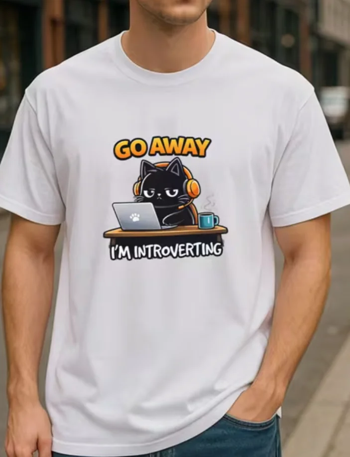 Go Away! I'M Alone. Earphones Black Cat Social Anxiety-Themed Fun T-Shirt Fitness Training Casual Sports Top Outdoor Sports We