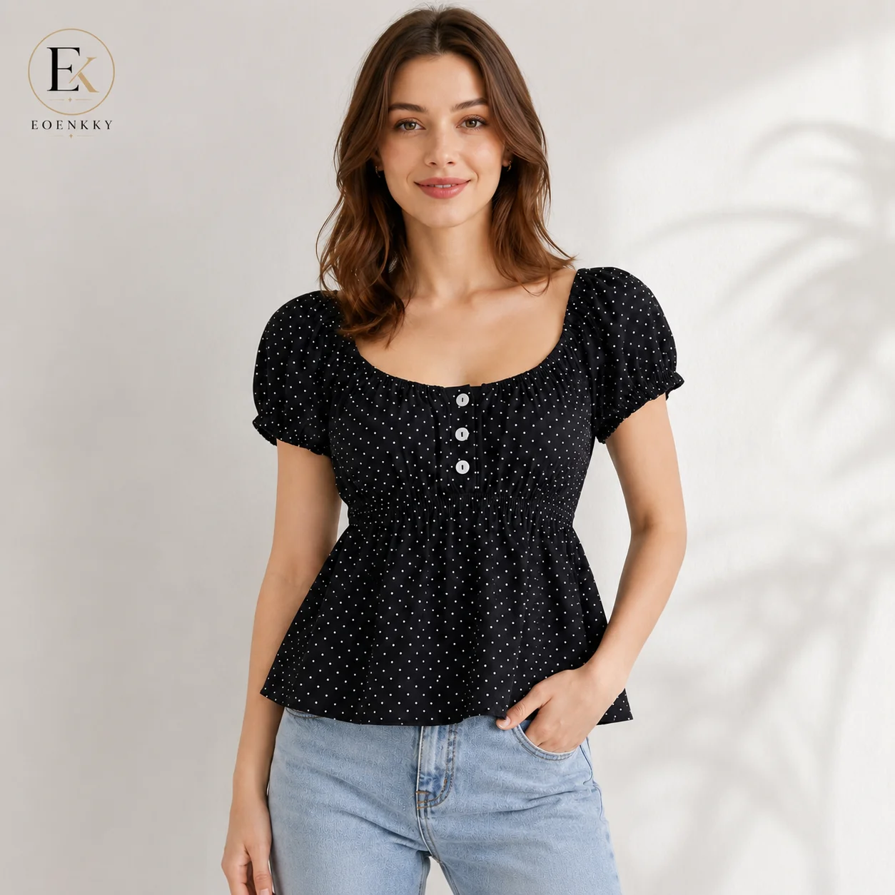 EOENKKY Women Polka Dot Puff Sleeve Blouse Wide Round Neck Gathered Waist Peplum Top Casual Short Sleeve Spring Shirt