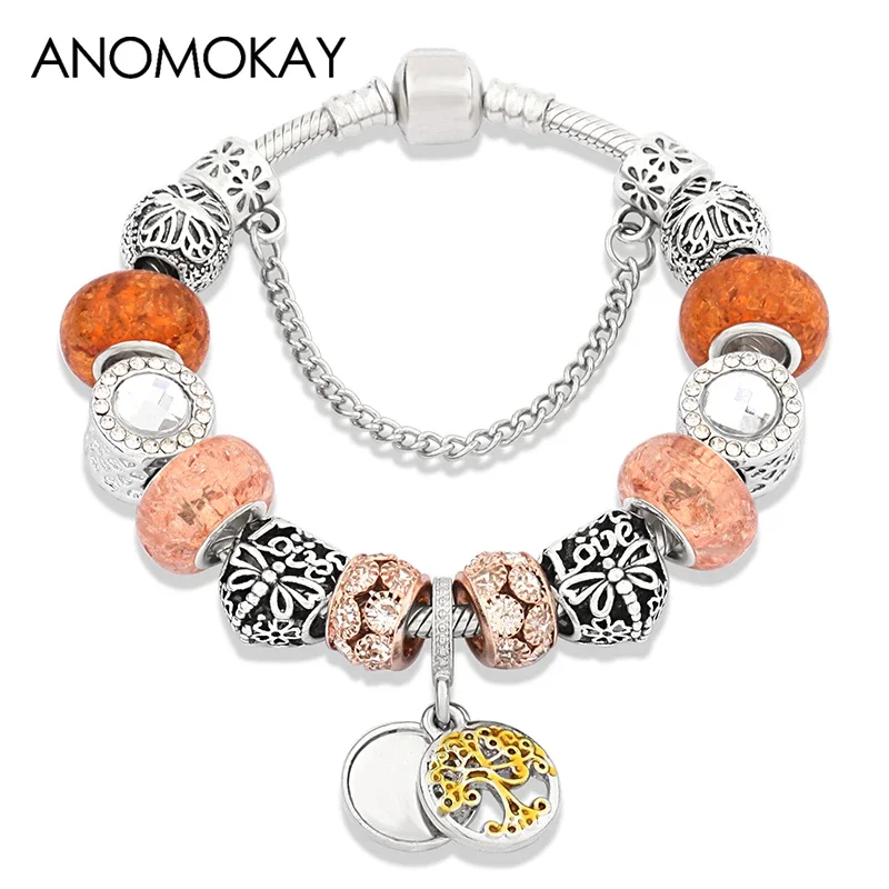 Classic Gold Color Tree of Life Pendant Bracelet Silver Color Heart Butterfly Bead Bracelets Yellow Crystal Charm Jewelry