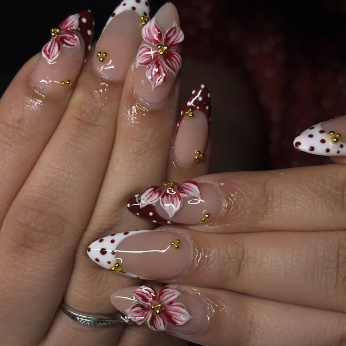 24Pcs Wine Red French Nails Full Cover Polka Dot False Nails 3D Flower Manicure Tips Wearable Almond  Press on Fake Finger Nail
