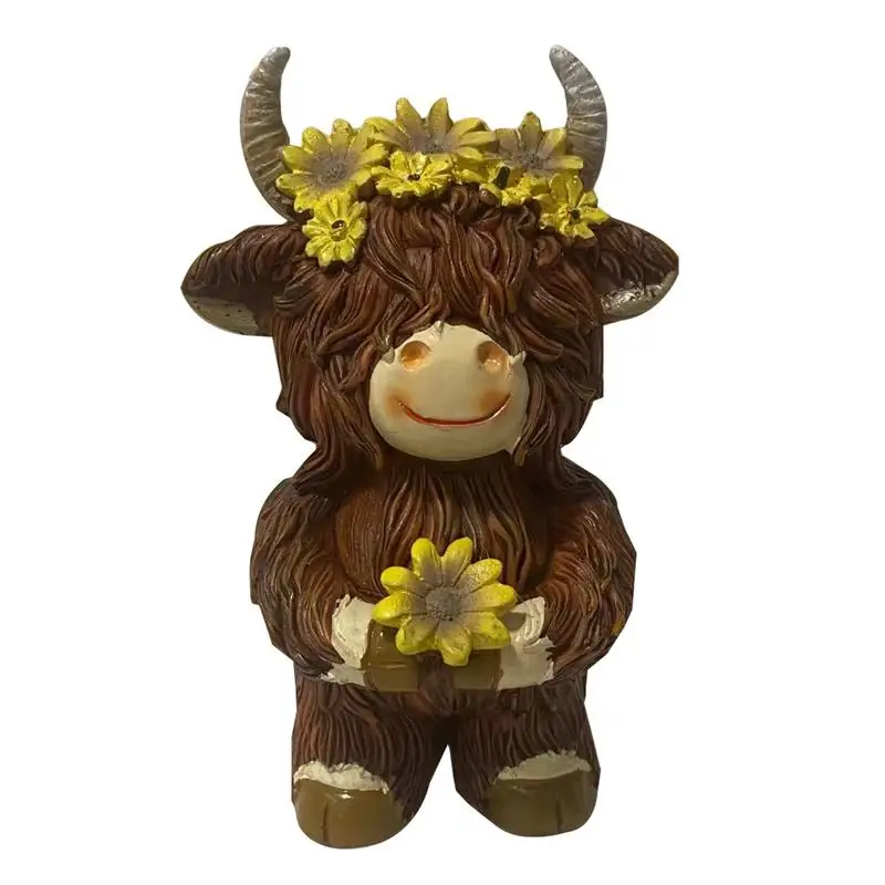 Highland Cow Sculpture Flower Design Resin Cattle Statue Collectible Figurine For Farmhouse Table Home Garden Decorations