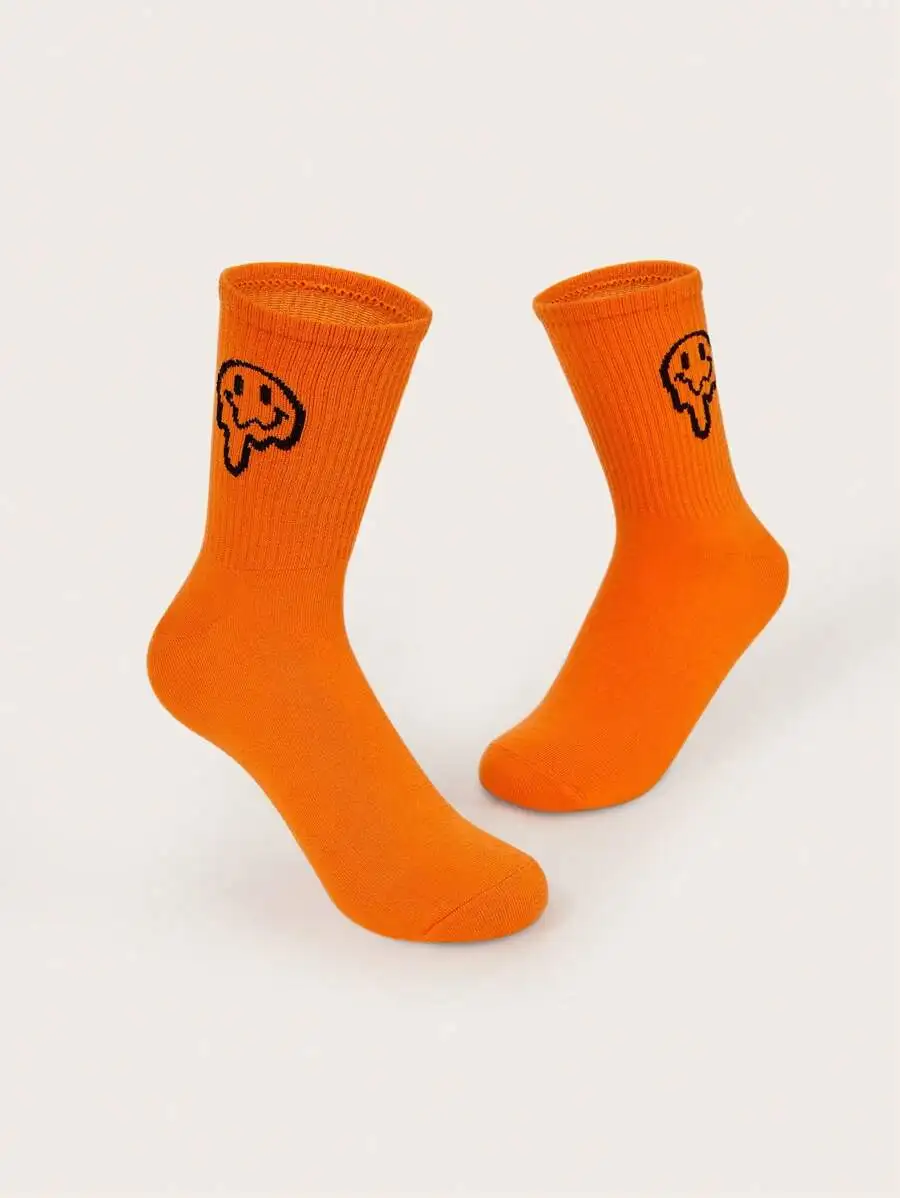 

Orange Crew Socks With Smiley Face Pattern Casual Fashion Socks For Adults