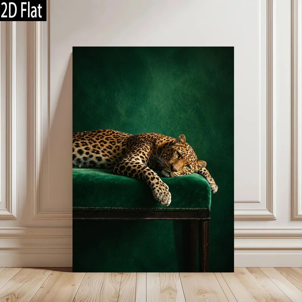 2D Flat, 2D Flat 1pc Leopard Resting on Green Velvet Bench Modern Retro Frameless Canvas Wall Art High Quality Printed Poster