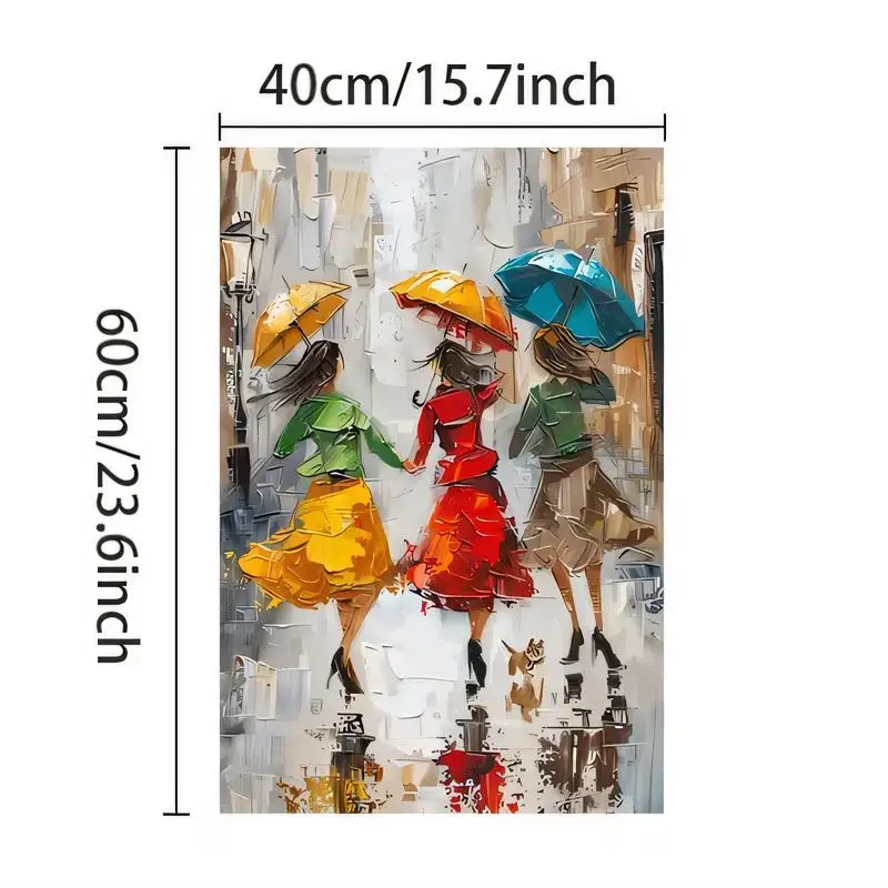 Artistic Colorful Metal Tin Painting - 40×60cm Rainy City Street with Three Women & Umbrellas, Iron Wall Art for Home, Cafe, Liv