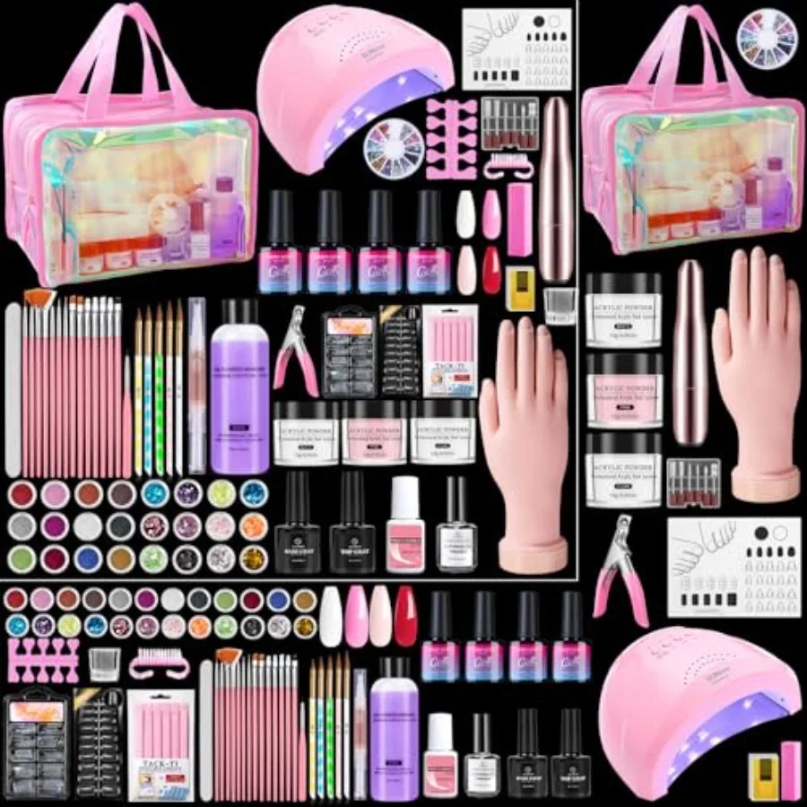 Beginner Nail Kit with Acrylic Powder Drill Liquid U/V Lamp in Holo Pink for Salon Home Use Complete Starter Set with Gel Polis