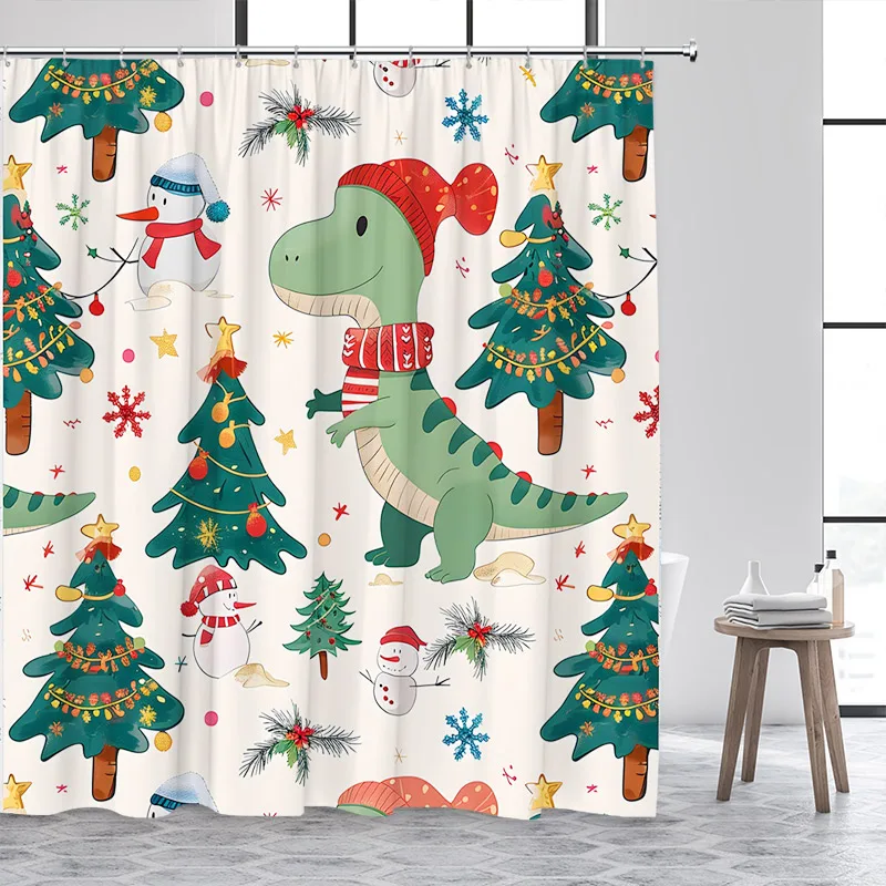 Funny Dinosaur Christmas Shower Curtains Cartoon Animals Snowman Xmas Tree Winter Kids Bath Curtain Set Fabric Bathroom Decor