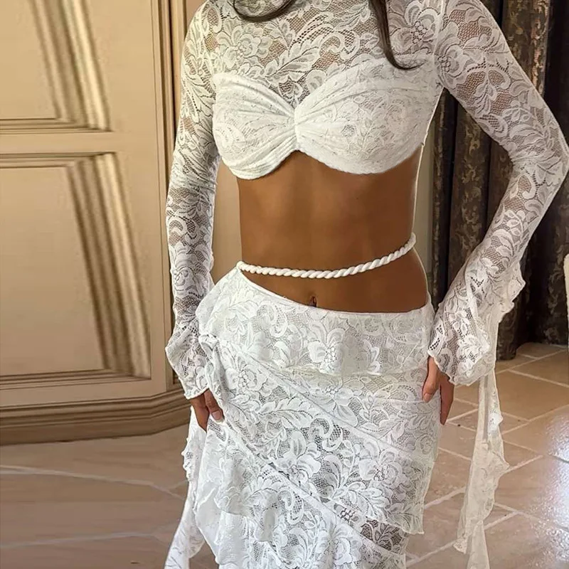 

Braid Strap Ruffles See Through Mesh 2 Piece Set Women Autumn Sexy O Neck Long Sleeve Crop Tops + Bodycon Maxi Skirts Party Suit