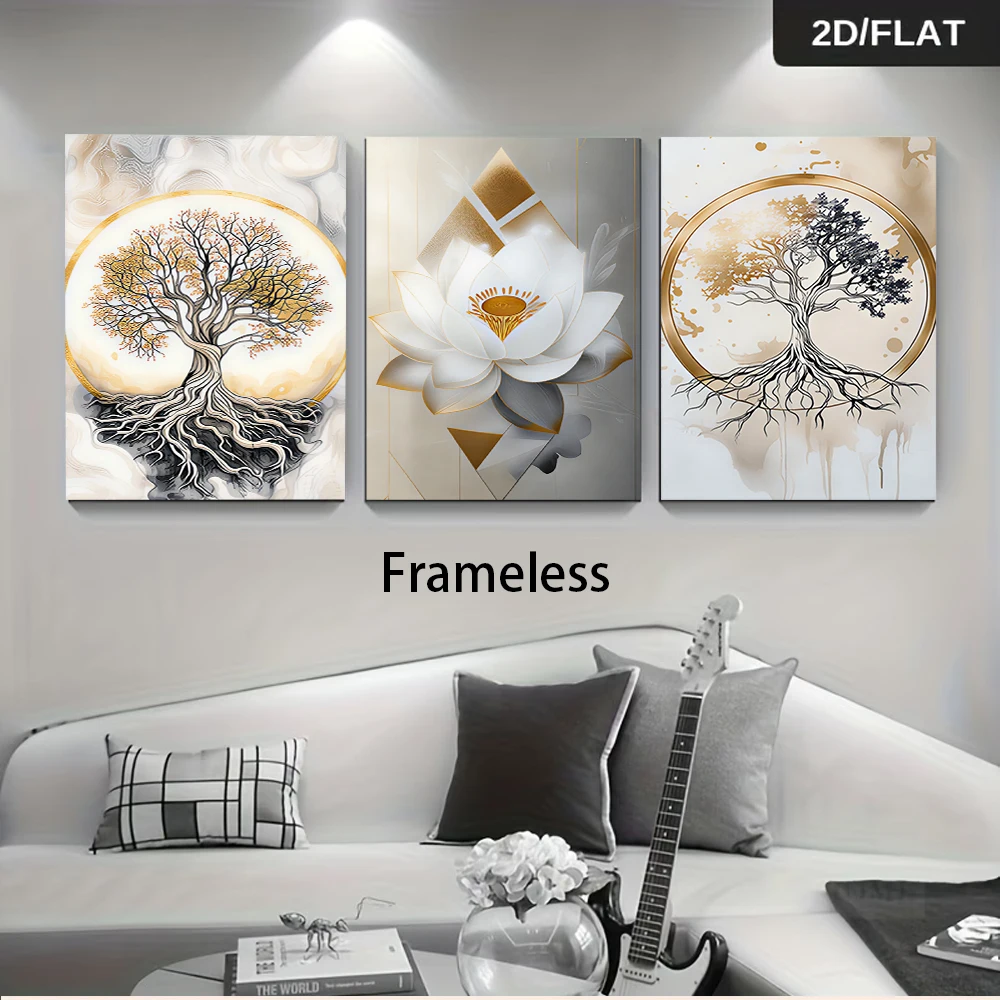 1 set of modern minimalist three-panel frameless decorative paintings, abstract lotus and money tree light luxury wall art, 2D f