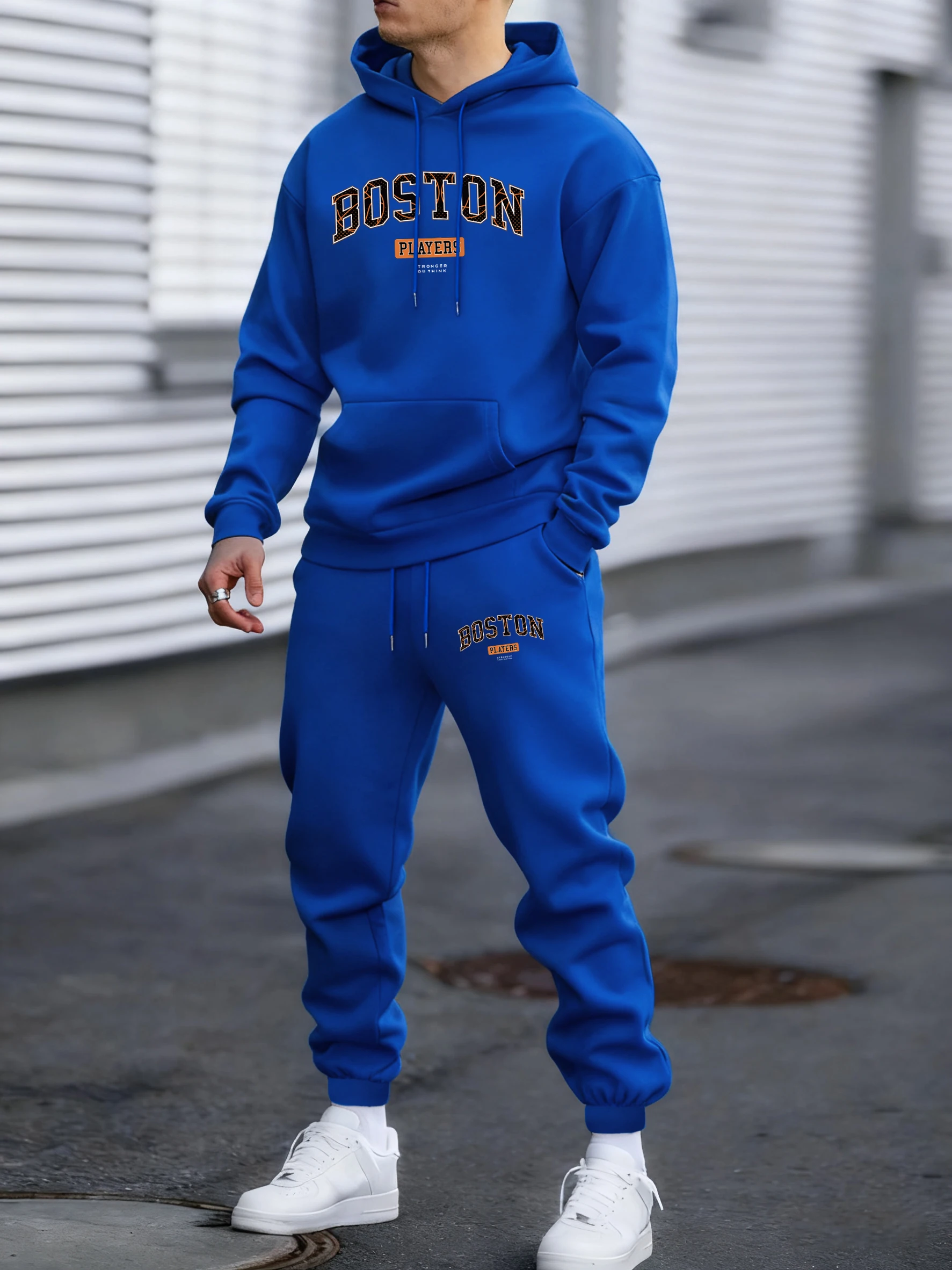 Boston Players Print Male Tracksuit Autumn Fleece Loose Fashion Hoodies Colour Simple Pants Unisex Casual All-Match Clothing