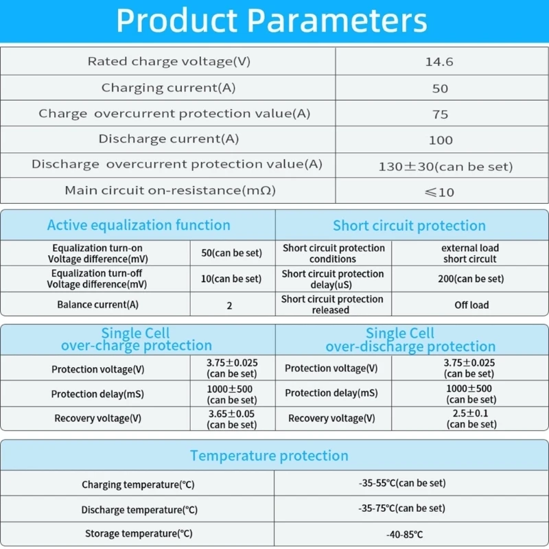 Batteriemanagementplatine für 4S LiFePO4 12V-Packs mit Balance M76A – Detail 1