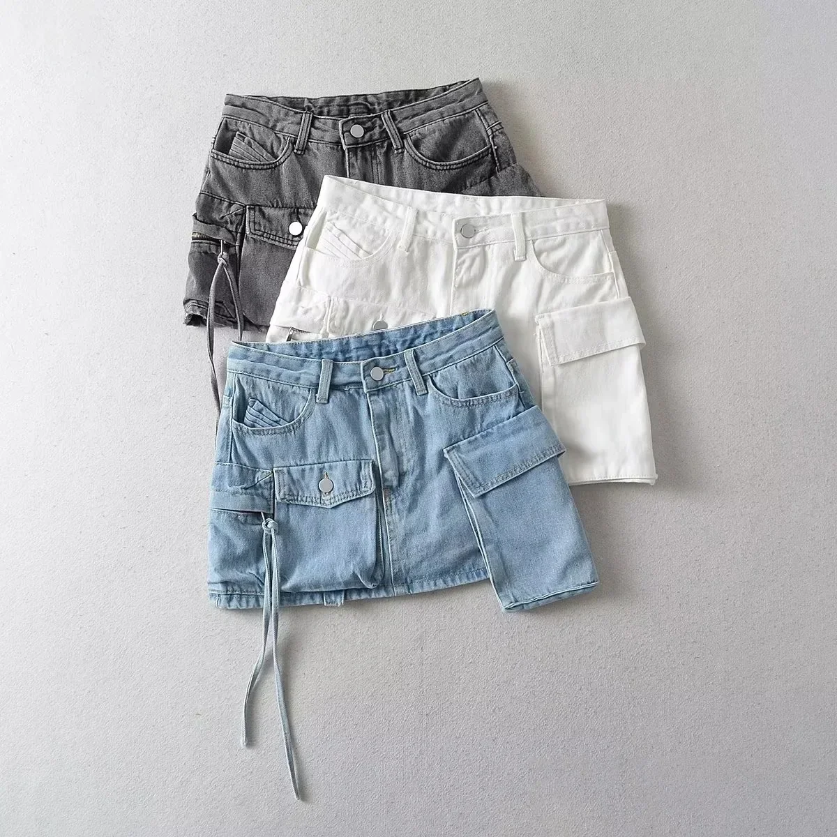 

Skirts for Women Sexy Slim Solid Colour Pockets Spliced 2024 Summer Casual Femme High Waist Mini Short A Line Denim Skirt
