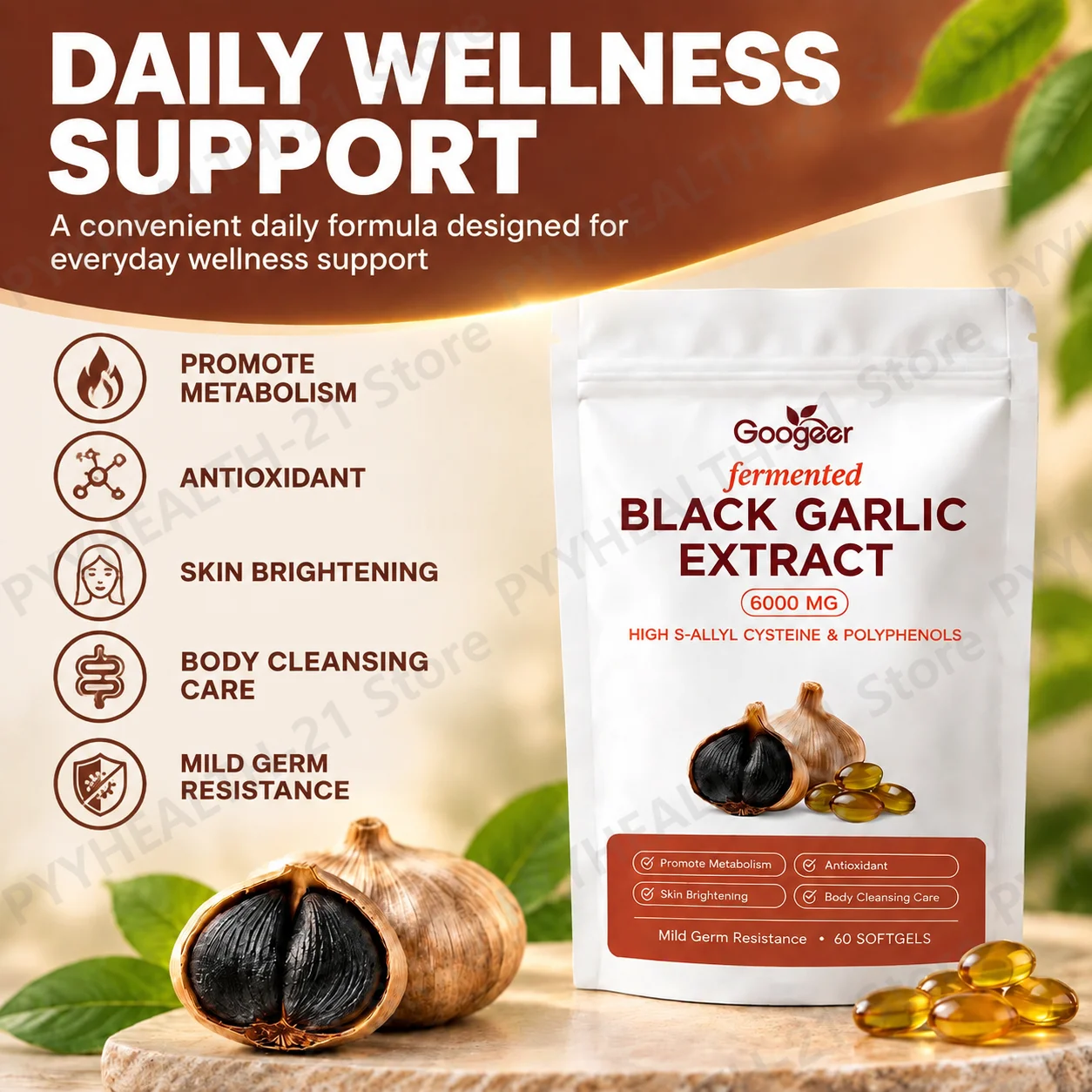 Fermented Black Garlic Extract Softgels Promote Skin Brightening & Body Cleansing Care Metabolism Antioxidant 500mg 60 Softgels