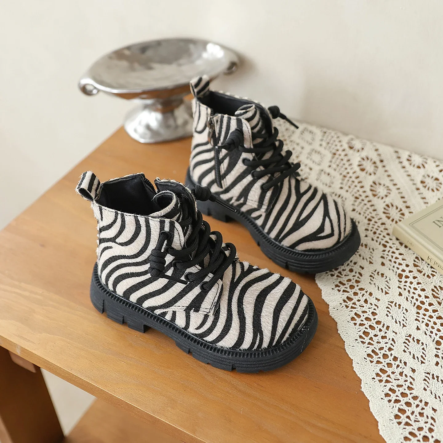 Toddler Kids Zebra Print Ankle Boots Fashion Animal Pattern Side Zipper Non-Slip Thick Sole Lightweight Casual Walking Booties