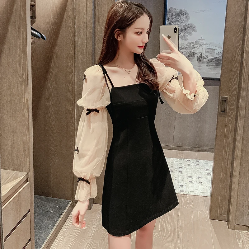 French Elegant Party Night Woman Mini Dress Patchwork Mesh Puff Sleeve Bow Sweet Girls Black Short Dresses Women Clothes Vestido