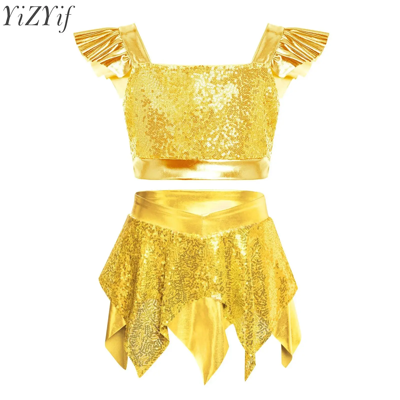 Kids Girls Jazz Dance Performance Outfit Ruffled Sleeves Sequins Metallic Crop Top with Skirt Suits for Birthday Party Outfit