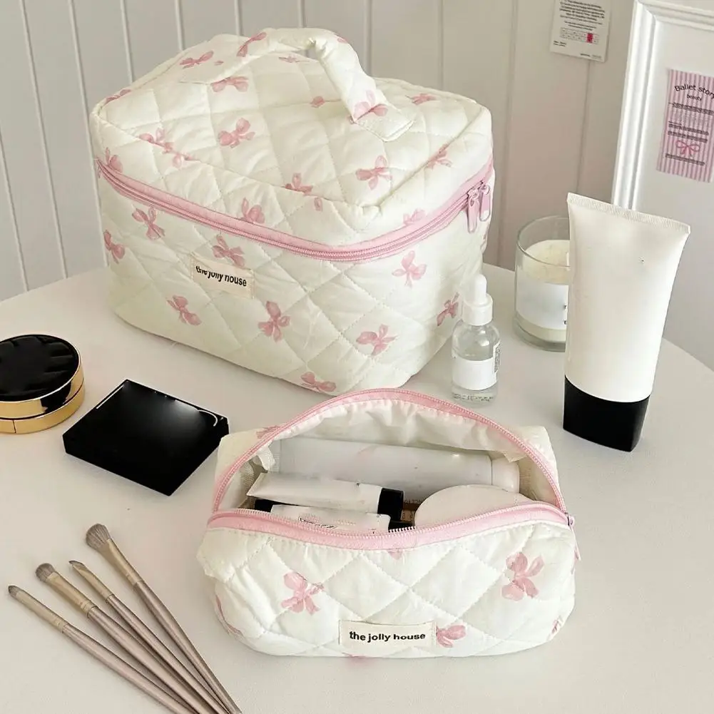 Quilted White Bow Makeup Bag Cute Cosmetic Pouch for Girls Large Capacity Travel Toiletry Organizer Handbag Portable Wash Bag