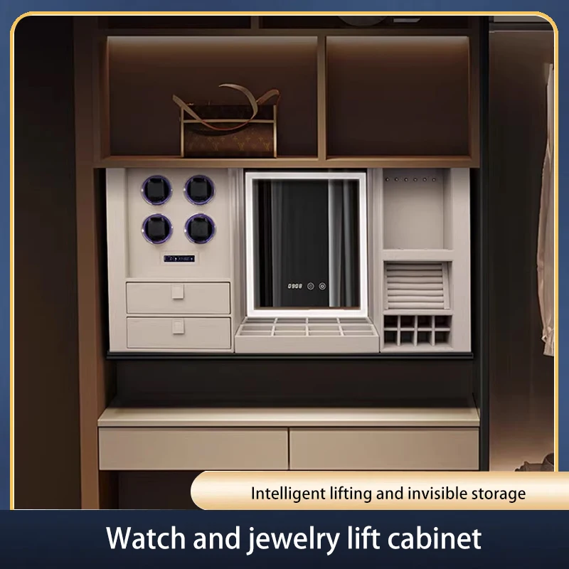 

Smart Electric Vanity Table With Voice Control Lift System Makeup Mirror Jewelry Storage Pull Out Basket Watch Winder Cabinet