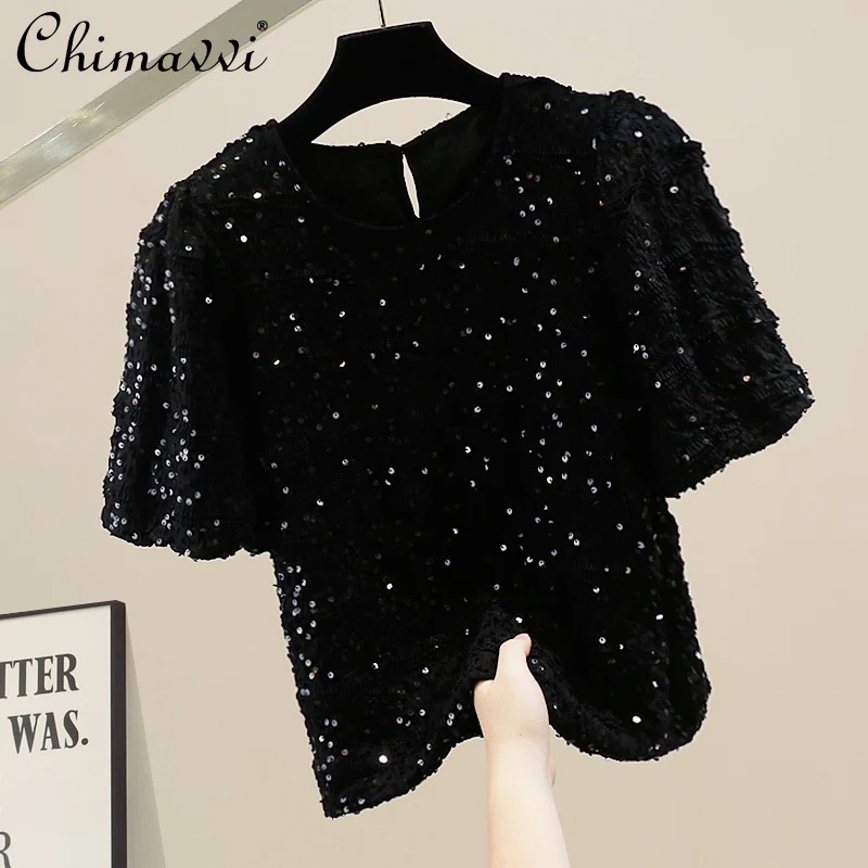 Fashion Heavy Sequin Embroidery Crew Neck Short Sleeve Lace Shirt Summer Korean Sweet Girl Loose Temperament Skinny Top Women