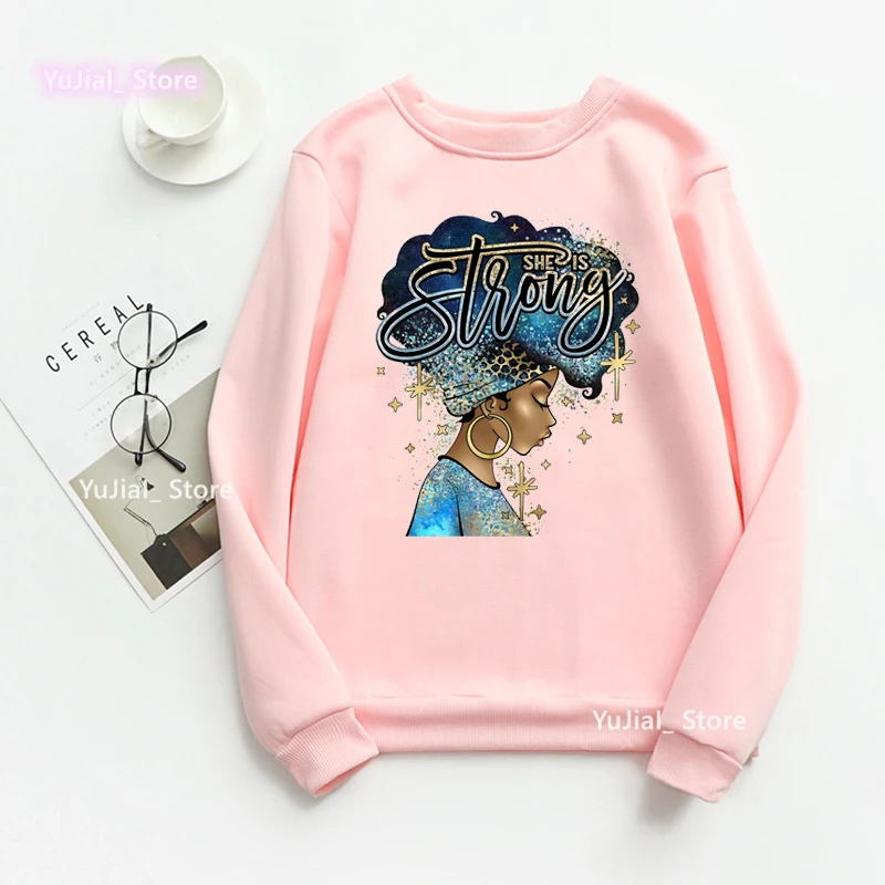 

2023 Leopard She Is Strong Black Girls Graphic Print Sweatshirt Women Beautiful Melanin Hoodies Winter/Spring/Autumn Jumper